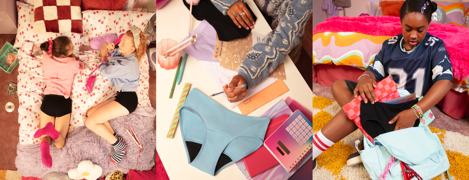Tenåringsmiljøer med menstruasjonsundertøy under søvnover, studier og skoleforberedelser.