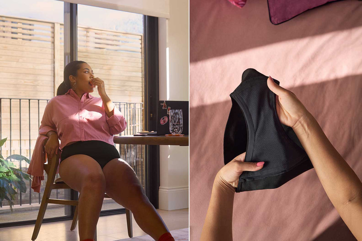 Person i rosa skjorte med lekkasjesikker truse ved bord.