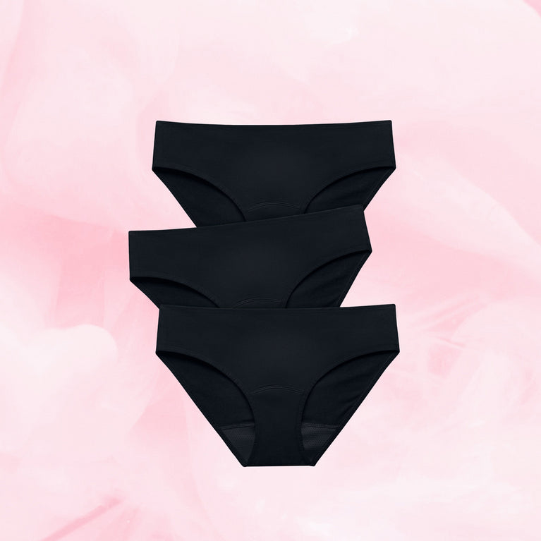 Bomullsmenstruser Hipster Moderate, reusable cotton menstrual underwear, 3-pack.