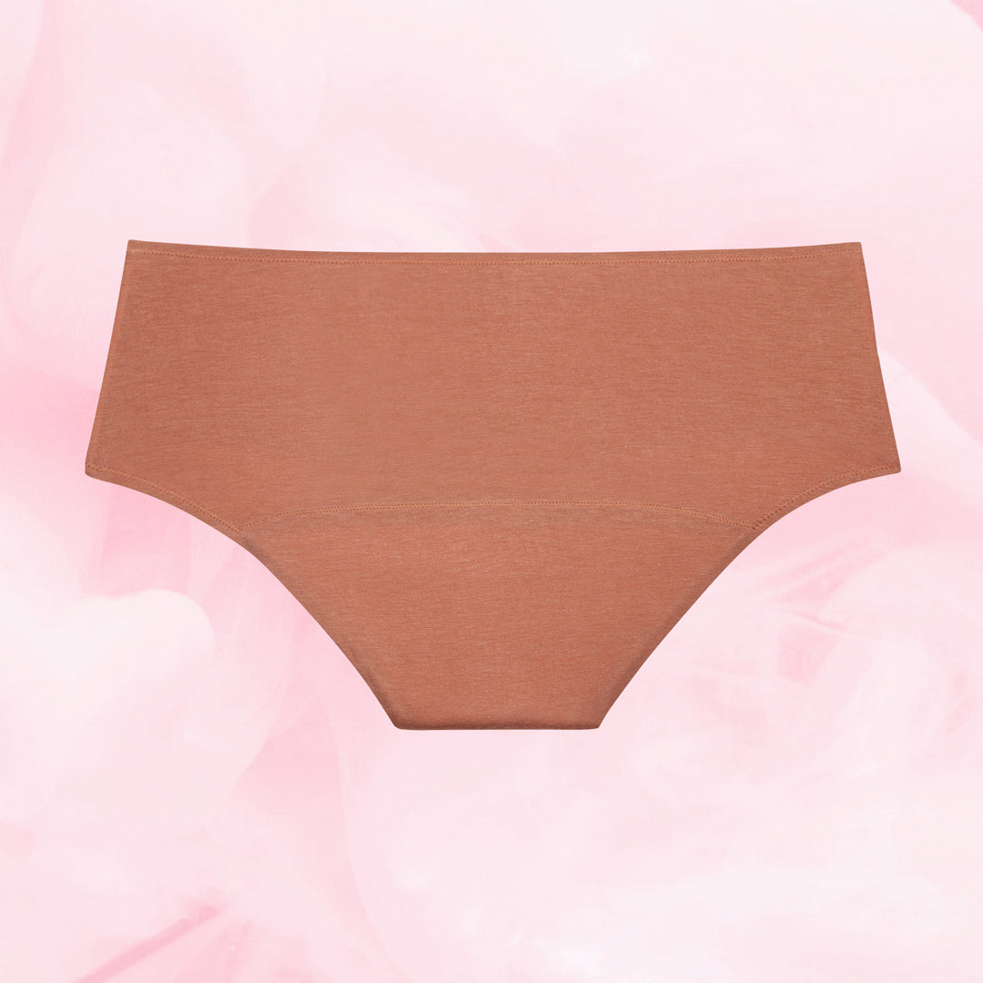 Premium Comfort Hipster Lite Mens Menstruser vises i terracotta-brun nyanse.