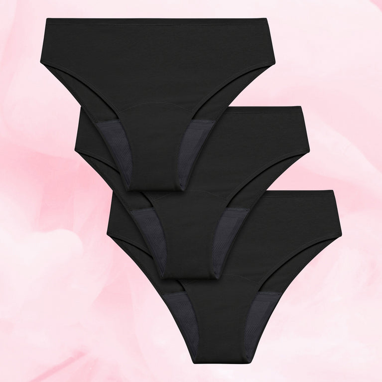 Essentials Brazilian Heavy Menstrual Underwear (3-pack), black, breathable cotton.