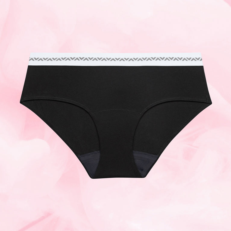 ComfortFit Essentials Hipster Logo, breathable, eco-friendly, high-waist menstrual underwear.