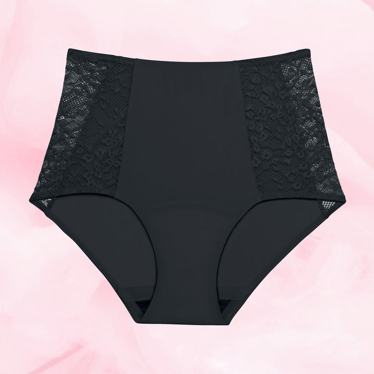 High Waist Floral Lite Mens Menstruse with high waist and floral lace sides.