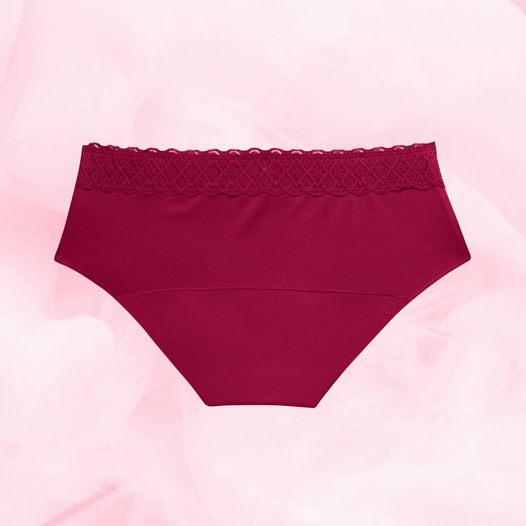 Hipster Full Lace Kraftig Mens Menstruse, reusable, lace-trimmed, snug hipster fit.