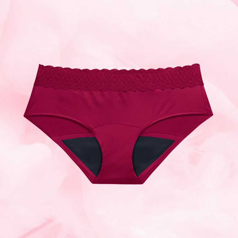Hipster Full Lace Kraftig Mens Menstruse, reusable, comfy, lace-trimmed hipster-style.