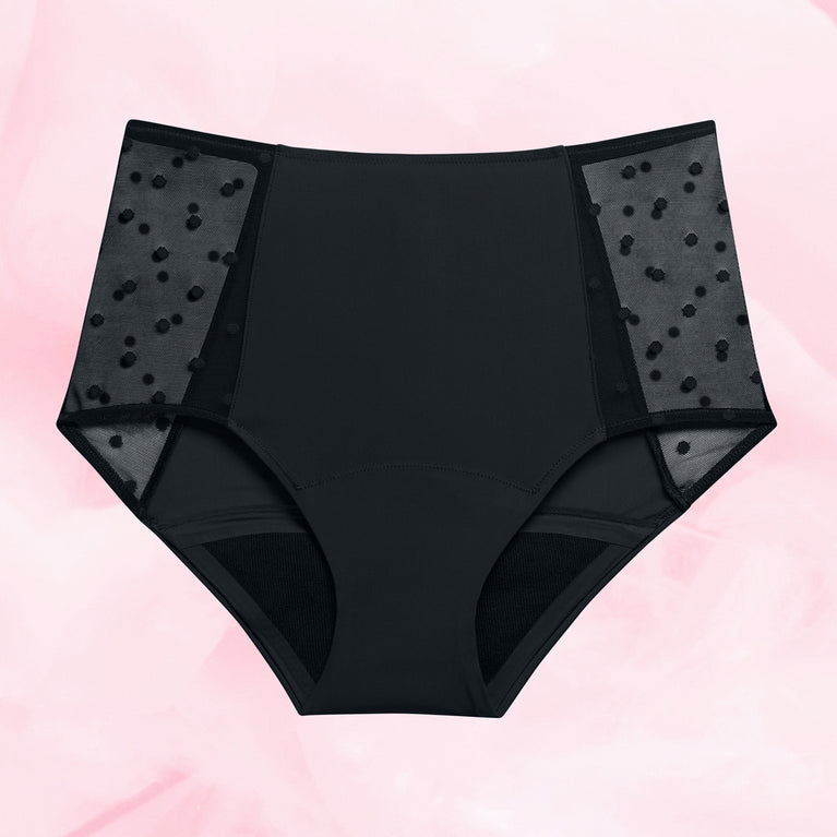 High Waist Dots Middels Mens Menstruse med mesh og appliqué detaljer.