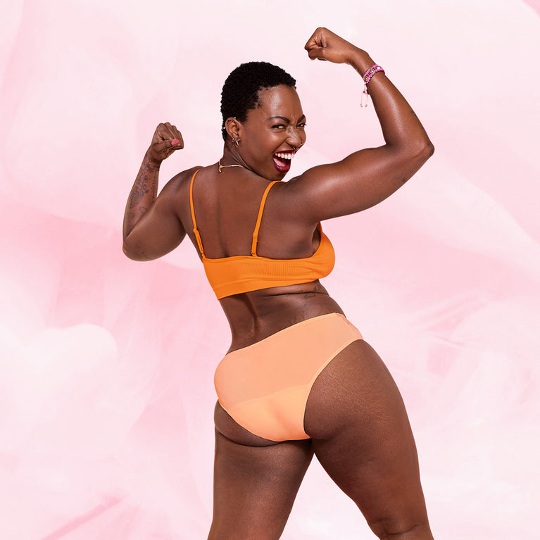 Brazilian Moderate menstrual underwear, reusable, soft waistband, discreet design.