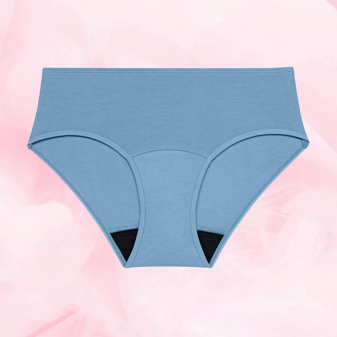 Teens Hipster for middels mens, lyseblå truse med synlig svart fôr.