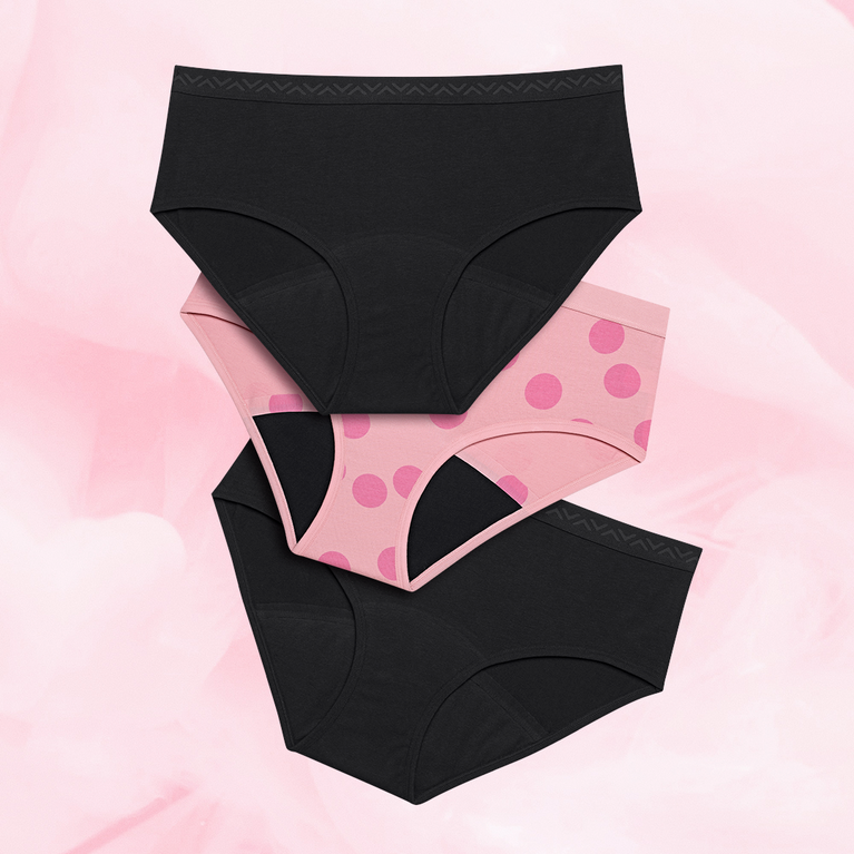 Teen Hipster Print Moderate Menstrual Underwear (3-pack) displayed neatly.