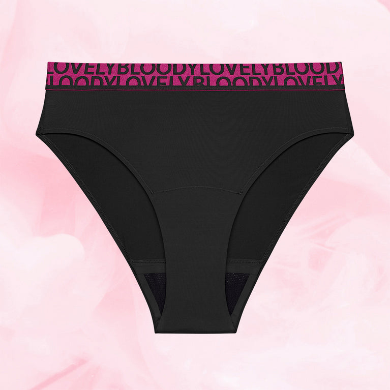 High Leg Kraftig Mens Menstruse, high-cut, reusable, absorbent for heavy flow.