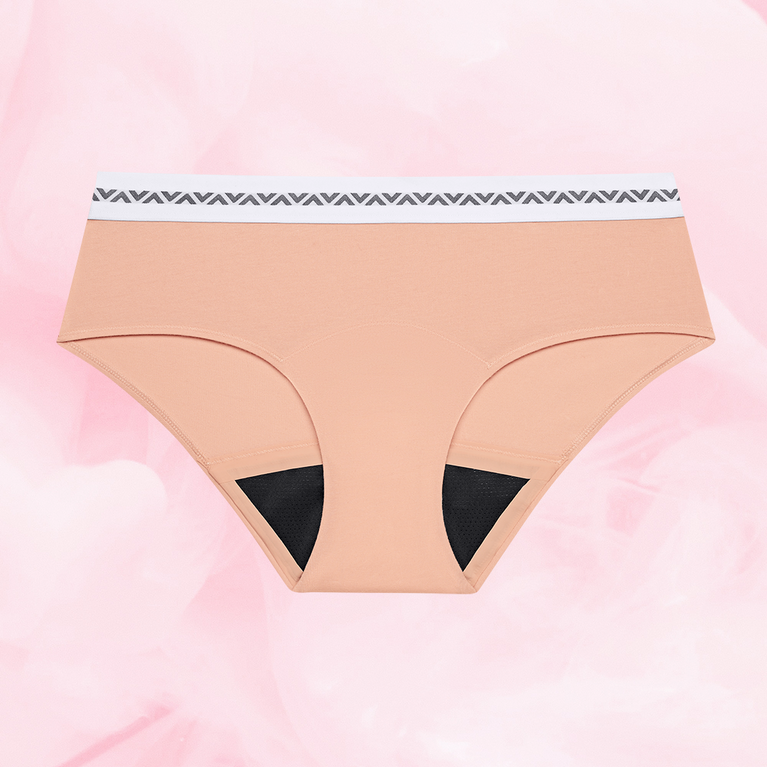ComfortFit Essentials Hipster Logo menstrual underwear with high waistband.