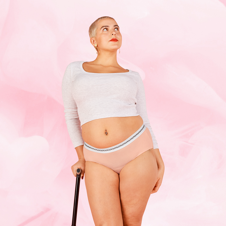 ComfortFit Essentials Hipster Logo menstrual underwear with wide waistband, eco-friendly fabric.